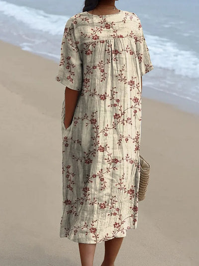 Women's Red Elegant Floral Print Pocket Linen Dress