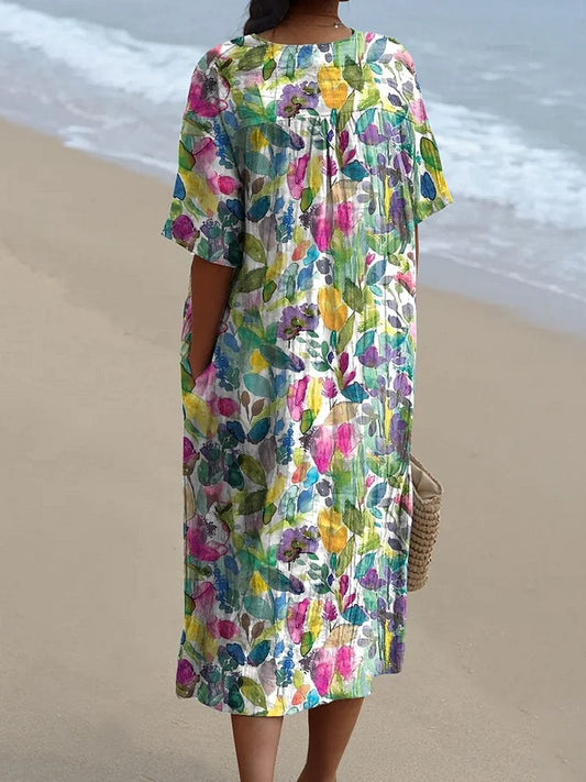 Abstract Watercolor Floral Pattern Printed Women's Flowy Dress