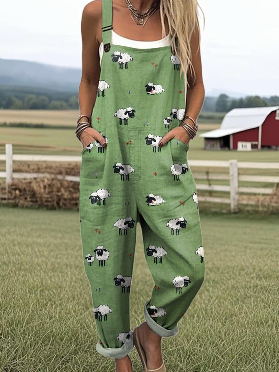 Women's Lovely Sheep Pattern Art Print Casual  Wide Leg Jumpsuit