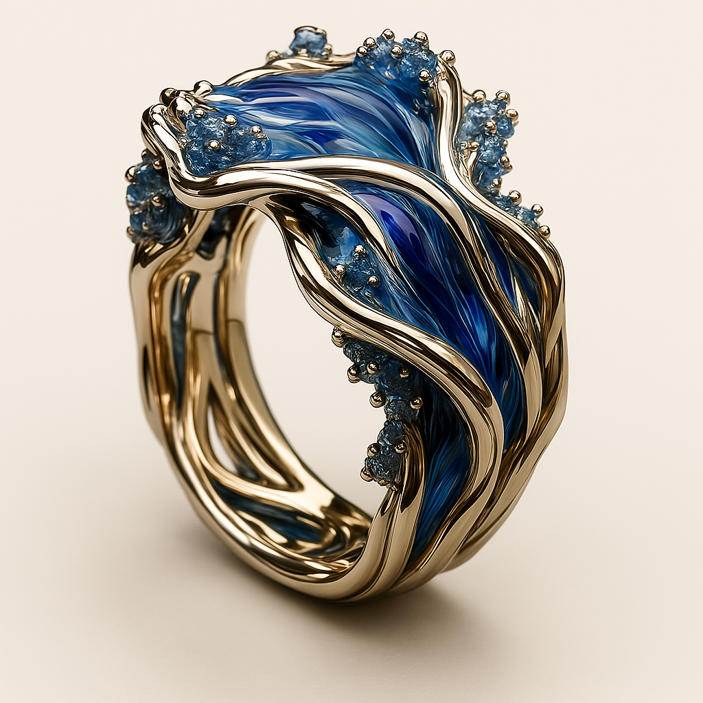 Elara – Sculpted Gold Ring with Seafoam Flow