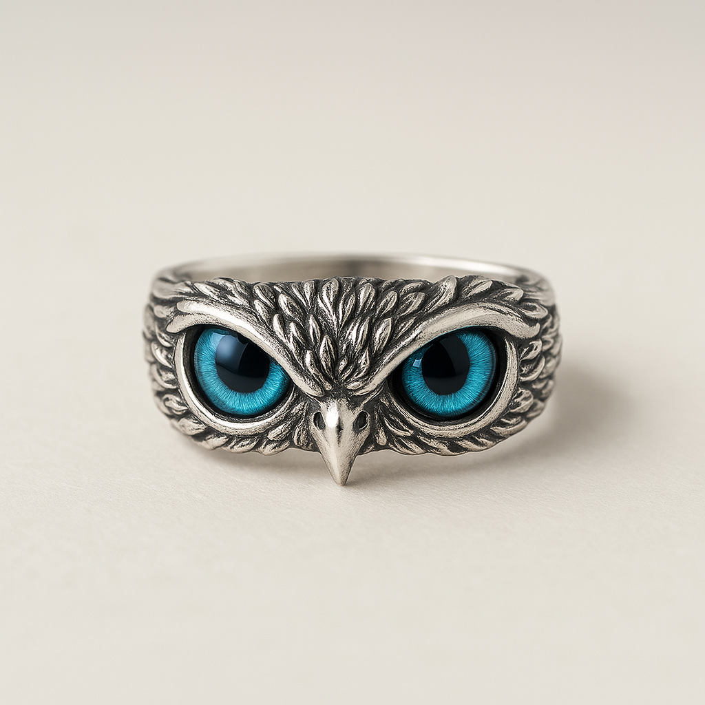 Liora – Opalescent Owl Charm Ring