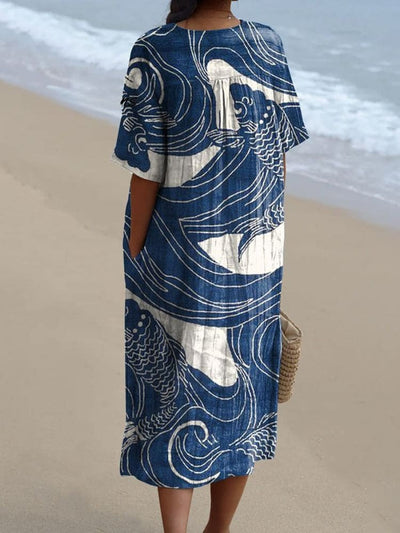 Vintage Koi Art Print Flowy Dress