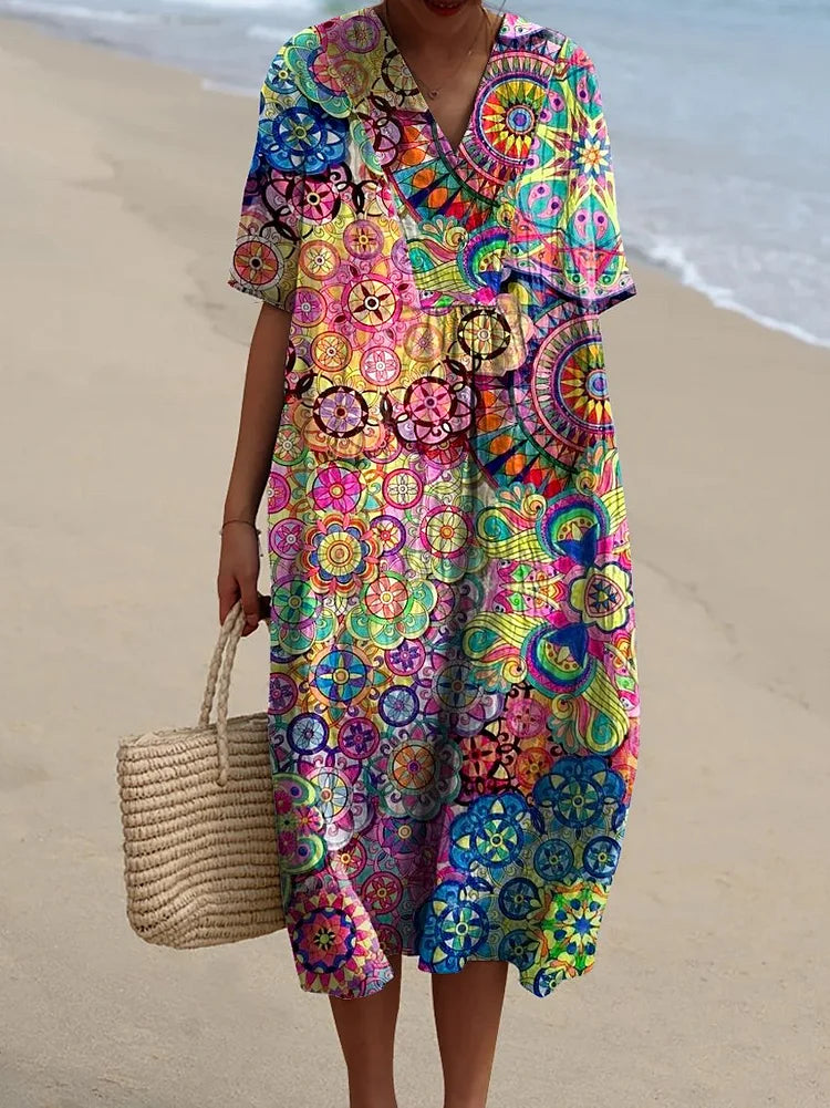 Women's Ethnic Print Pocket Linen Dress