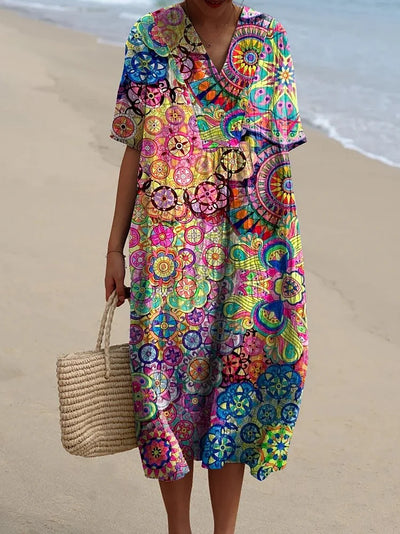 Women's Ethnic Print Pocket Linen Dress