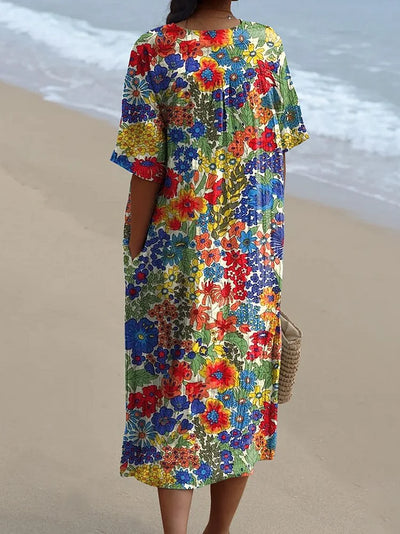 Retro Style Summer Floral Pattern Printed Women's Flowy Dress