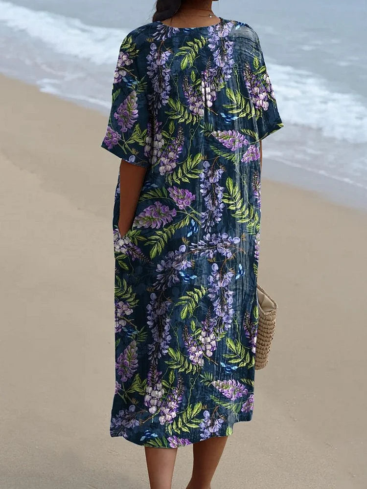 Midnight Purple Sage Floral Pattern Printed Women's Flowy Dress