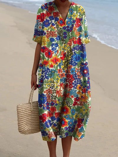 Retro Style Summer Floral Pattern Printed Women's Flowy Dress