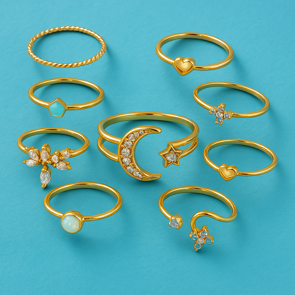 Rhea – Layered Plated Ring Set (10-Piece Collection)