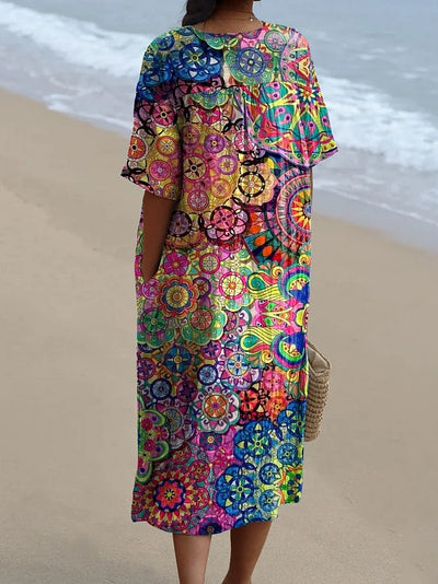 Women's Ethnic Print Pocket Linen Dress