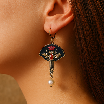 Naya - Boho Earrings with Pearls and Red Crystal