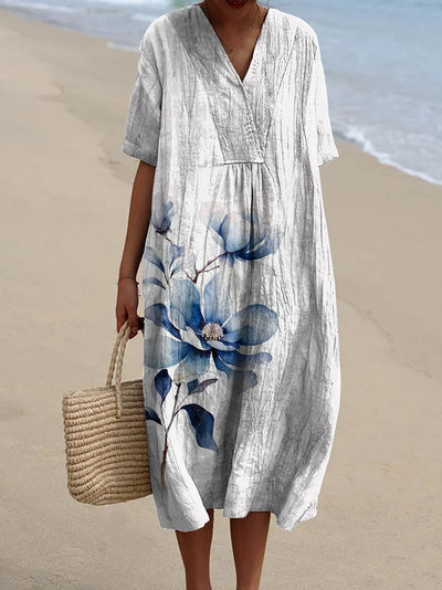 Women's Watercolor Blue Floral Printed Flowy Dress