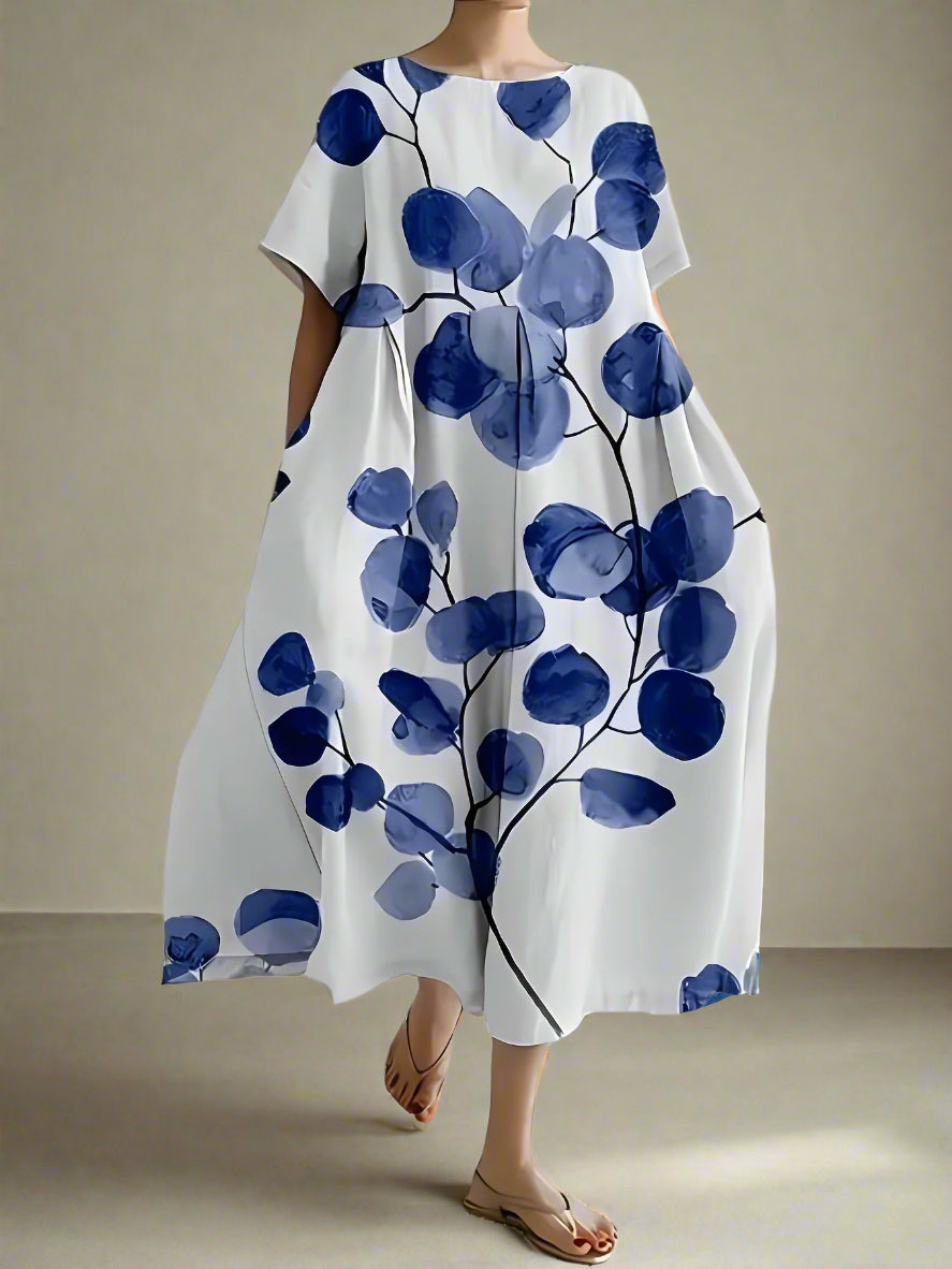 MINIMALIST - Blue and White Leaf Print Dress