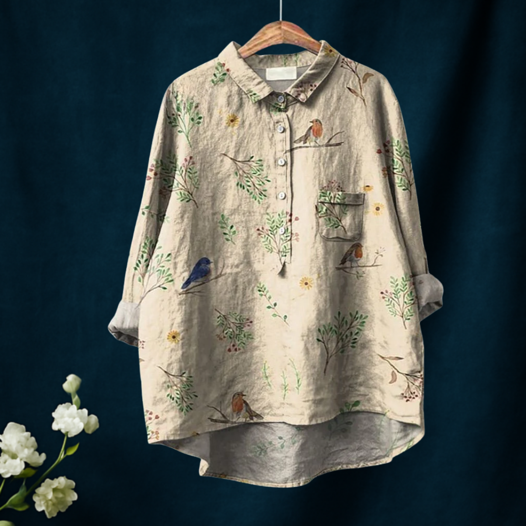 Boughs And Robin Birds Pattern Printed Women's Casual Cotton And Linen Shirt