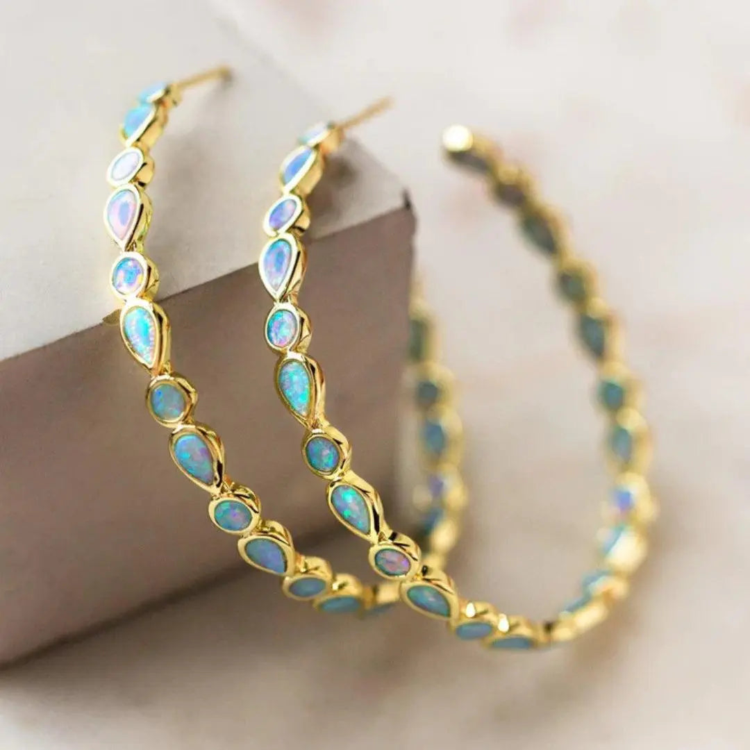 Vintage Blue Opal Gold Earrings~