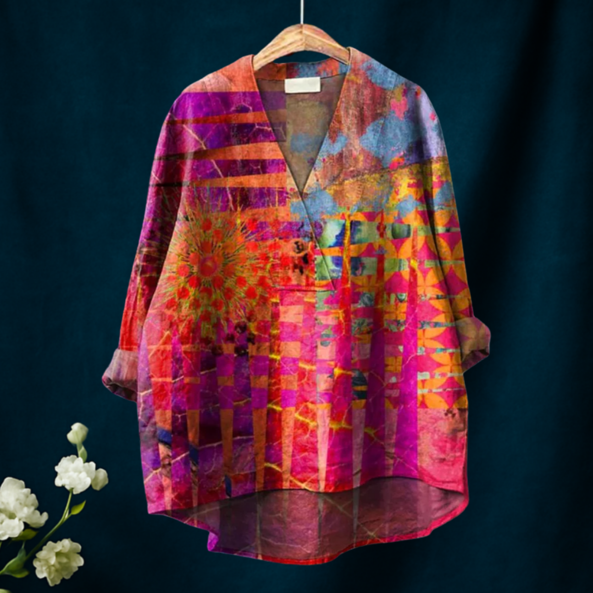 Colorful Geometric Pattern Printed Women's Casual  V-neck Shirt