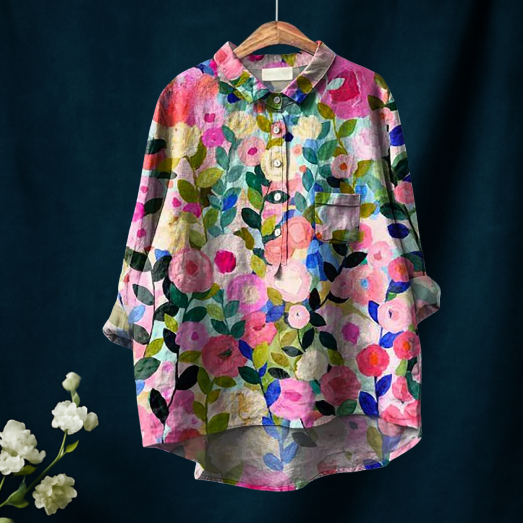 Colorful Spring Floral Garden Printed Women's Casual Cotton And Linen Shirt