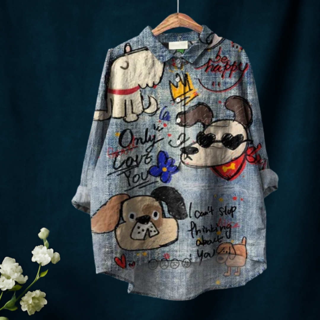 Cute Dog Art Print Casual Cotton And Linen Shirt