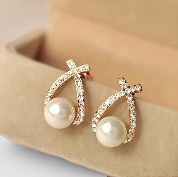 Earrings with Crossed Pearls and Diamonds~