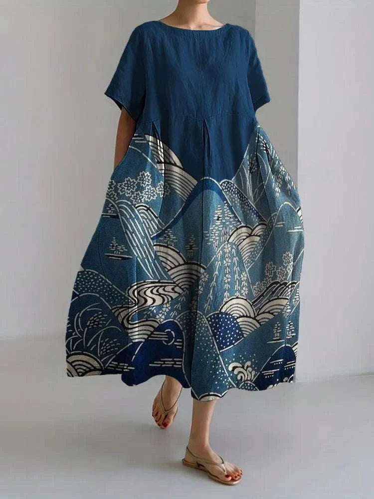 Emma – Mountain Landscape Linen Maxi Dress