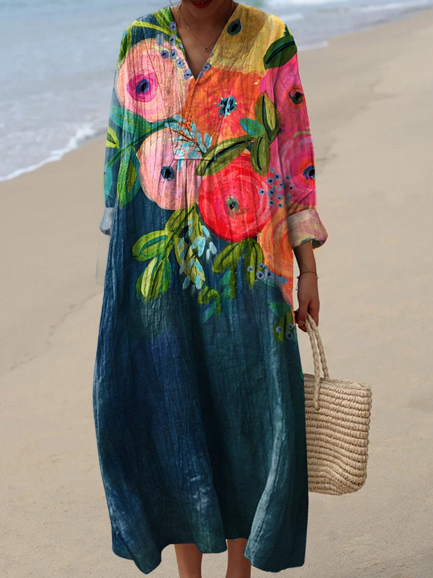 Lovely Watercolour Floral Print V-Neck Dress