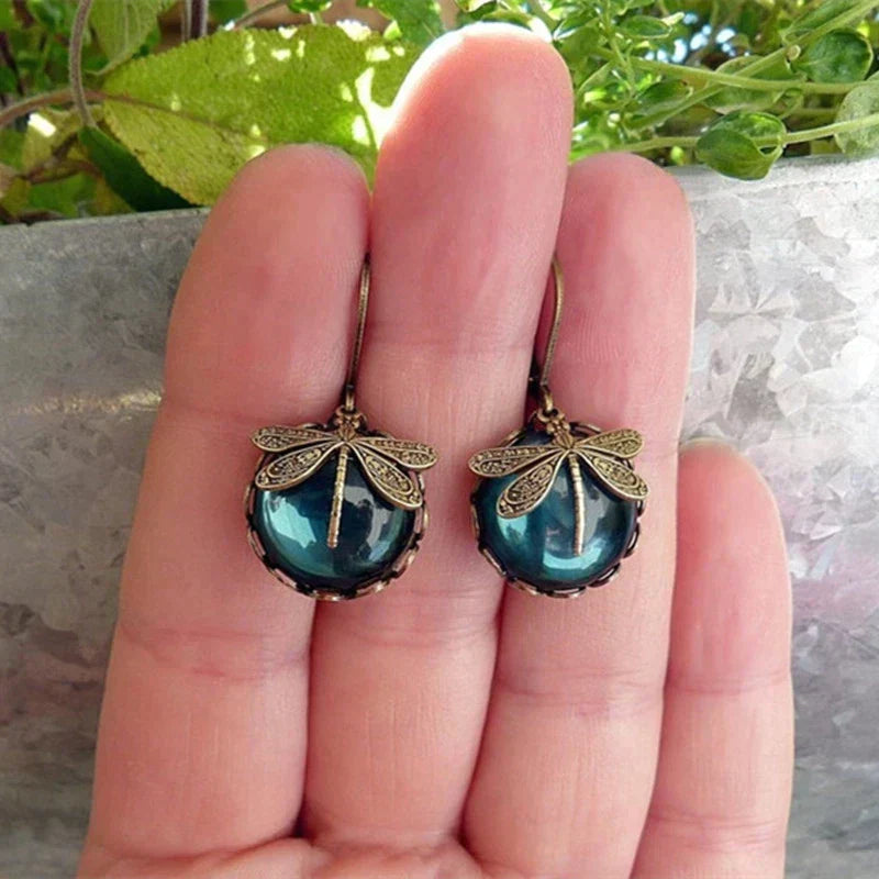 Spherical Dragonfly Earrings in Antique Gold~