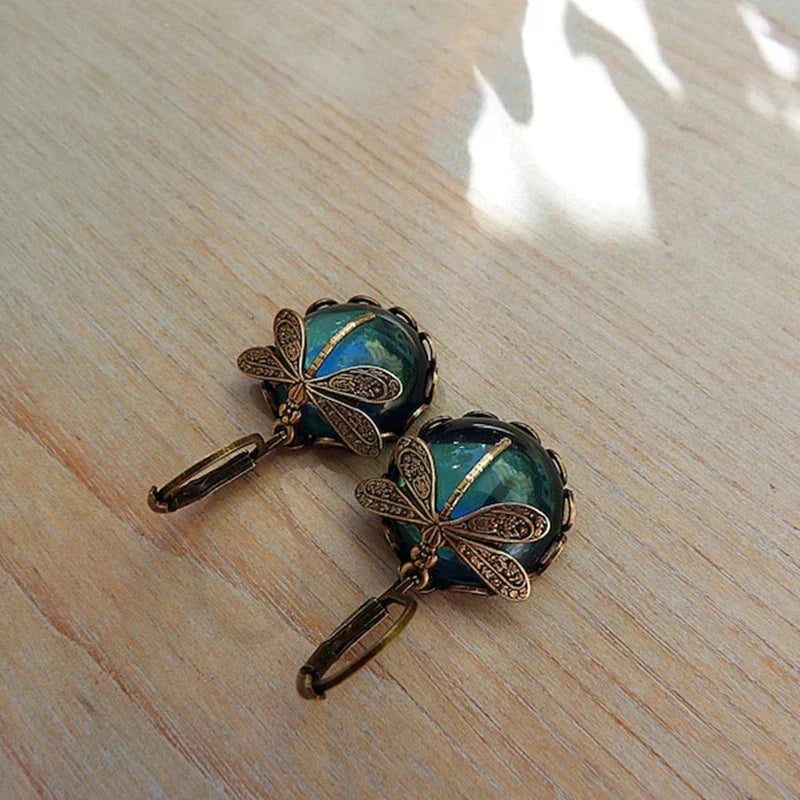 Spherical Dragonfly Earrings in Antique Gold~