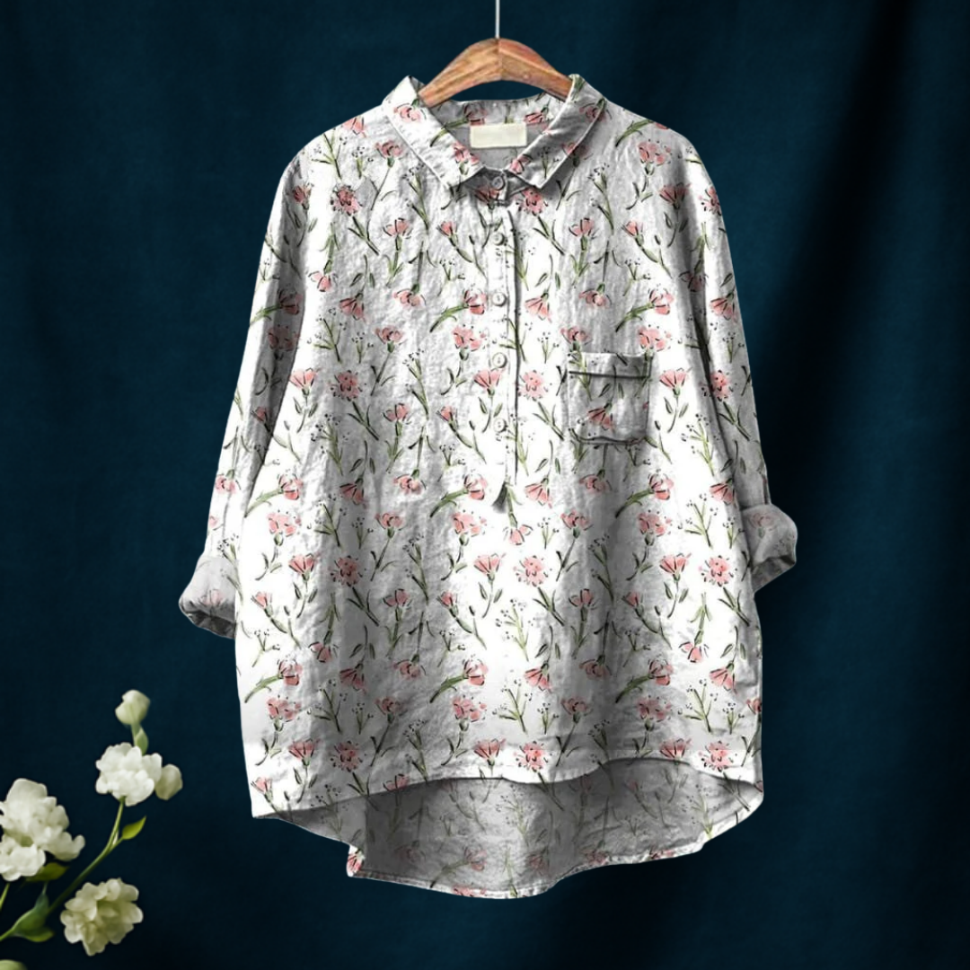 Pink Spring Floral Repeat Pattern Printed Women's Casual Cotton And Linen Shirt
