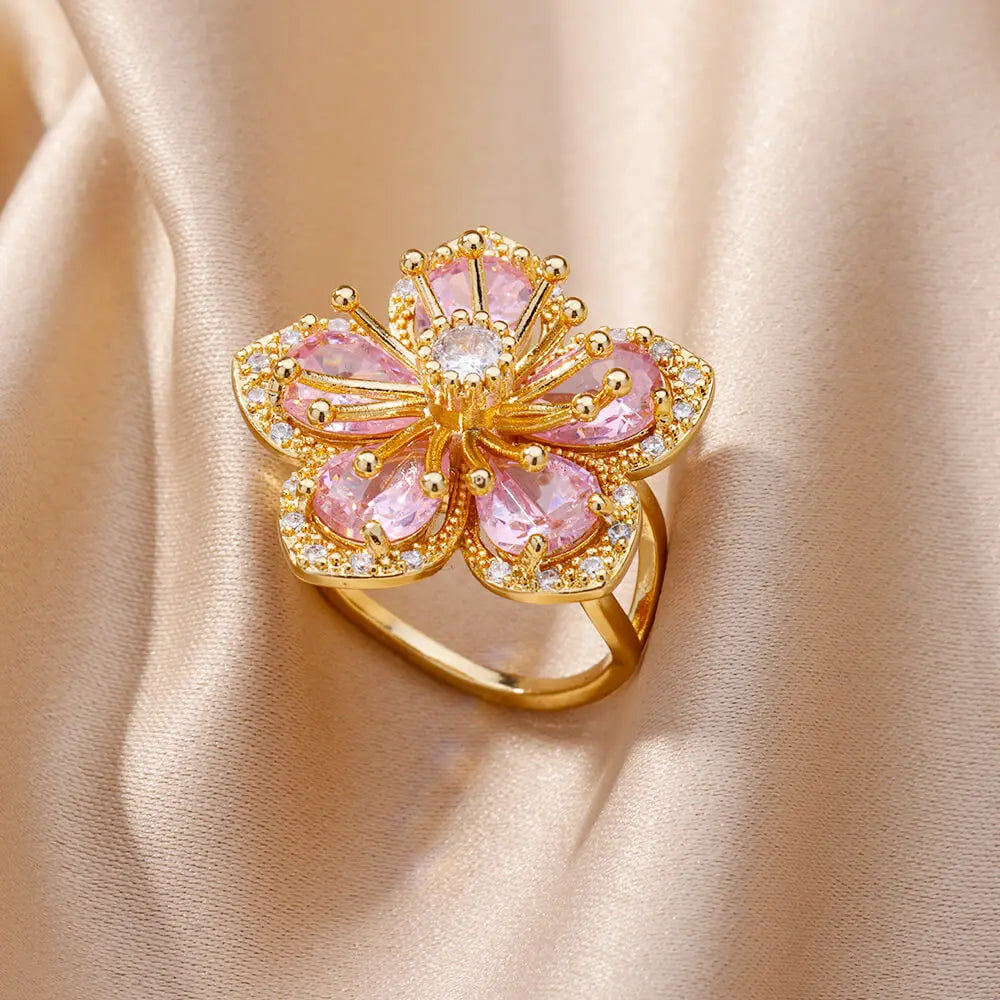 Pink Flower Zirconia Ring~