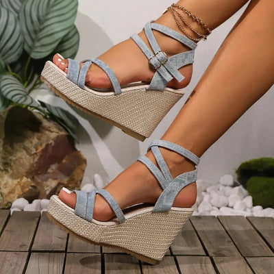 Denim Wedged Heel Sandals