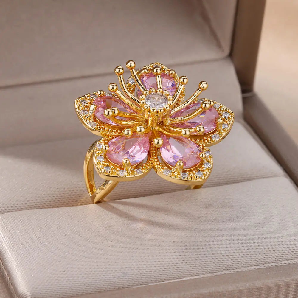 Pink Flower Zirconia Ring~