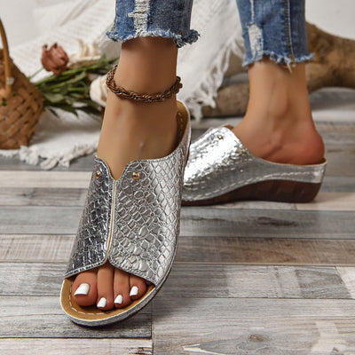 Violet Embossed Metallic Sandals