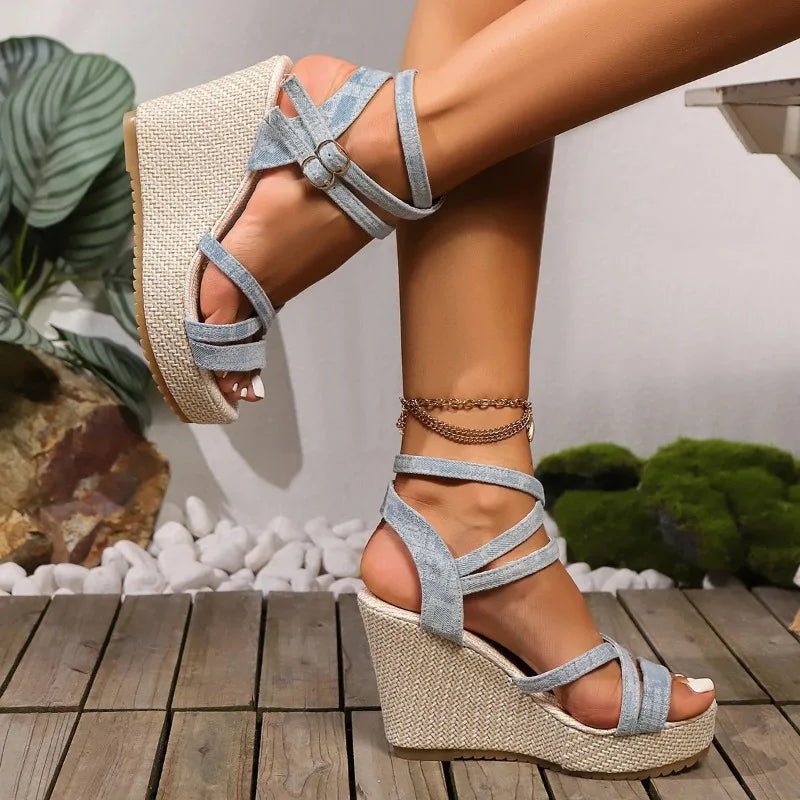 Denim Wedged Heel Sandals