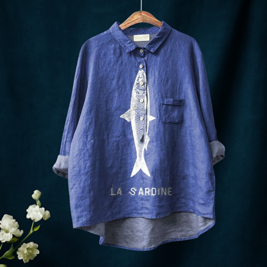 Sardine Fish Graphic Printed Women's Casual Cotton And Linen Shirt