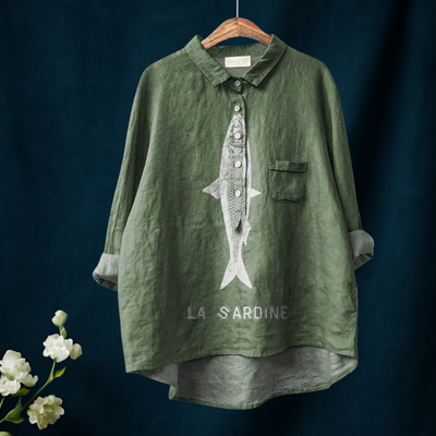 Sardine Fish Graphic Printed Women's Casual Cotton And Linen Shirt