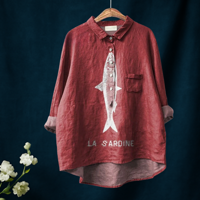 Sardine Fish Graphic Printed Women's Casual Cotton And Linen Shirt