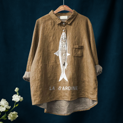 Sardine Fish Graphic Printed Women's Casual Cotton And Linen Shirt