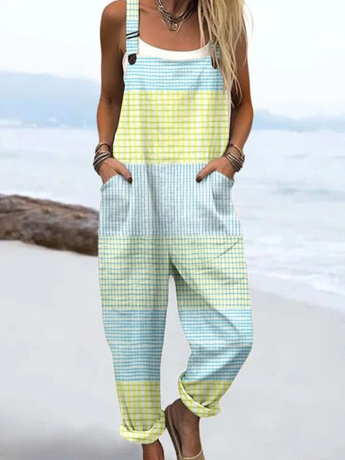 Women's Vintage Abstract Geometric Lines Art  Print Casual  Wide Leg Jumpsuit