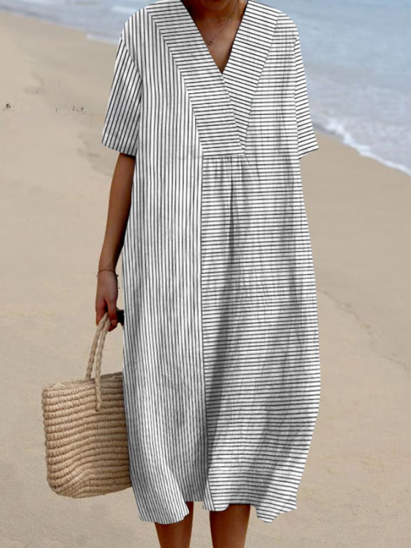 Women Vintage Stripes Casual V Neck Midi Dress