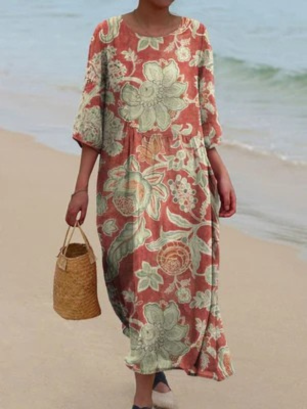 Women's Vintage Printed Pocket Cotton Dress