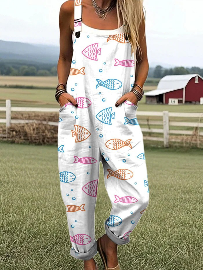 Women's Colorful Simple Fish Art Print Casual  Wide Leg Jumpsuit