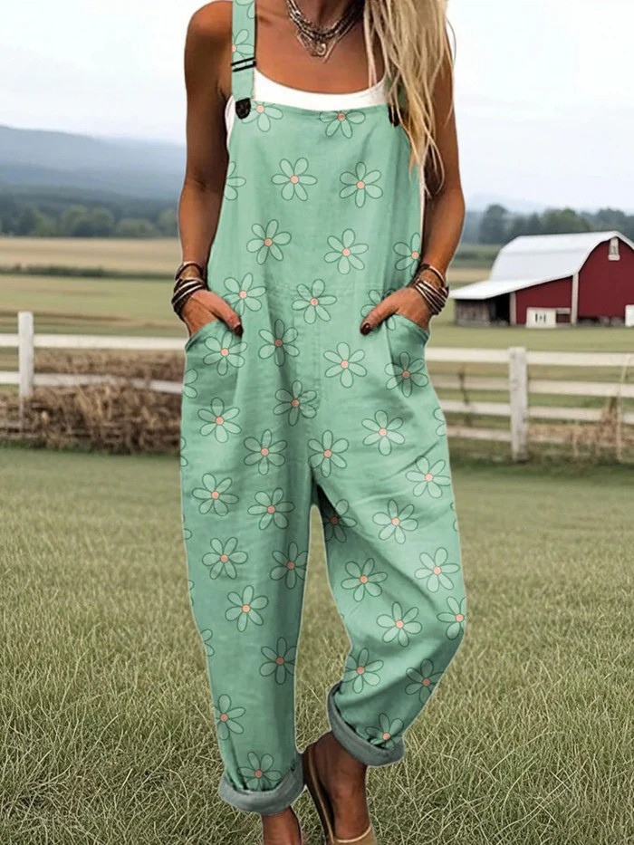 Women's Simple Floral Art Print Casual  Wide Leg Jumpsuit