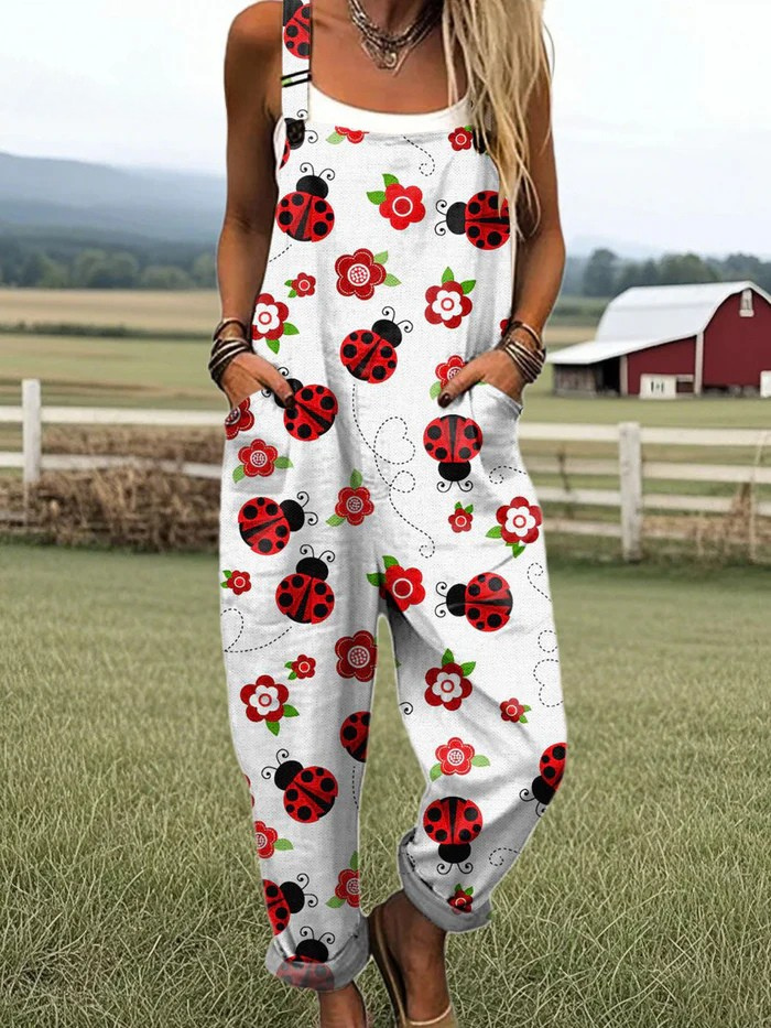 Women's Simple Floral and Insect Art Print Casual  Wide Leg Jumpsuit