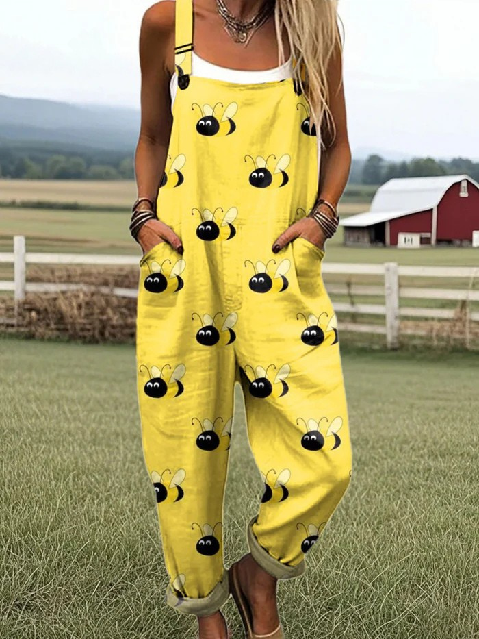 Women's Colorful Cute Bee Art Print Casual  Wide Leg Jumpsuit