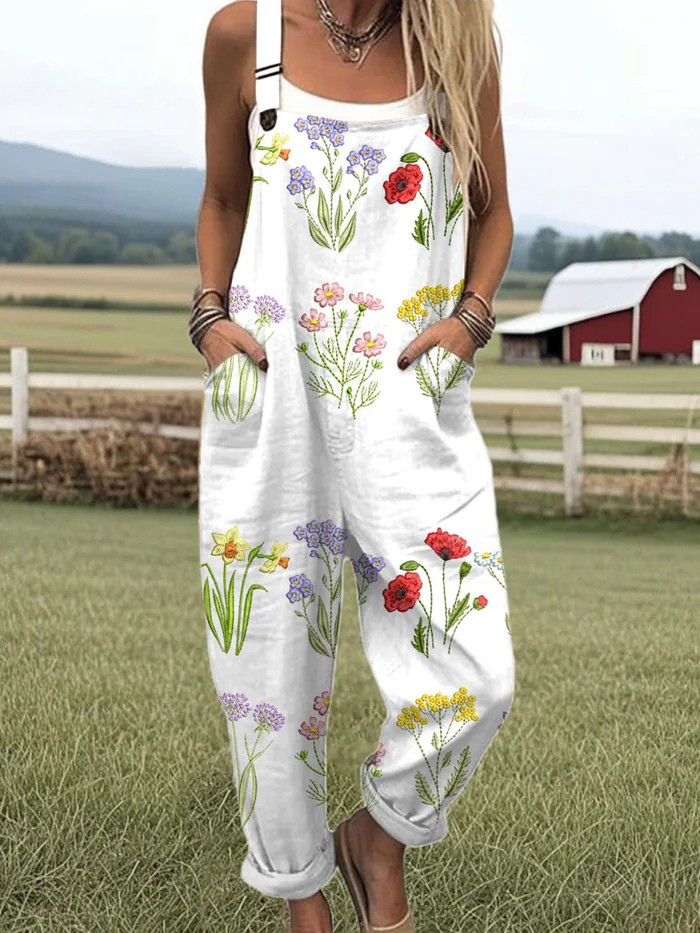 Women's  Vintage Flowers Art Print Casual  Wide Leg Jumpsuit