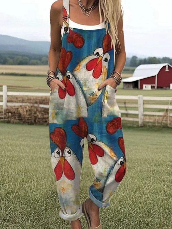 Women's  Vintage  Funny Chicken Art Print Casual  Wide Leg Jumpsuit