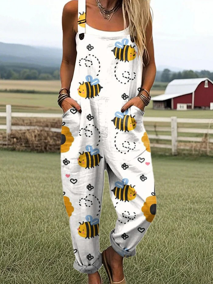 Women's Colorful Cute Bee Art Print Casual  Wide Leg Jumpsuit