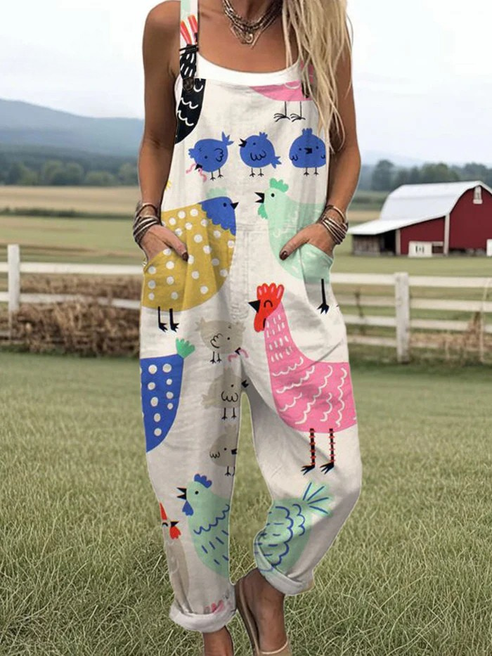 Women's  Vintage  Funny Chicken Art Print Casual  Wide Leg Jumpsuit