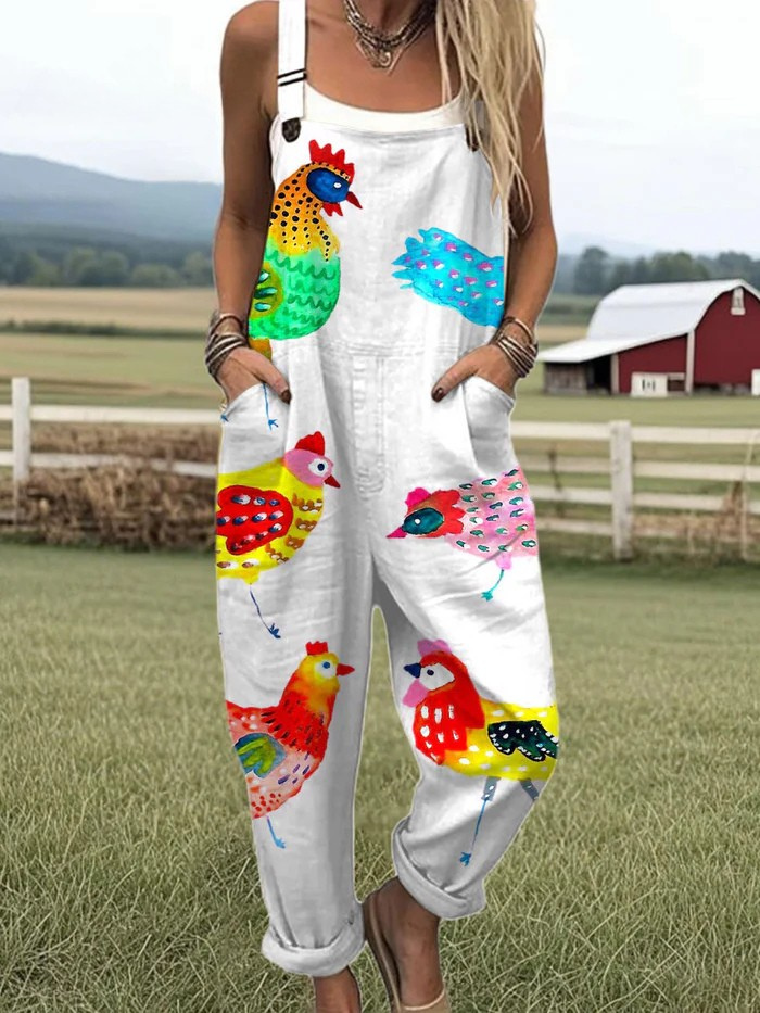 Women's  Vintage  Funny Chicken Art Print Casual  Wide Leg Jumpsuit