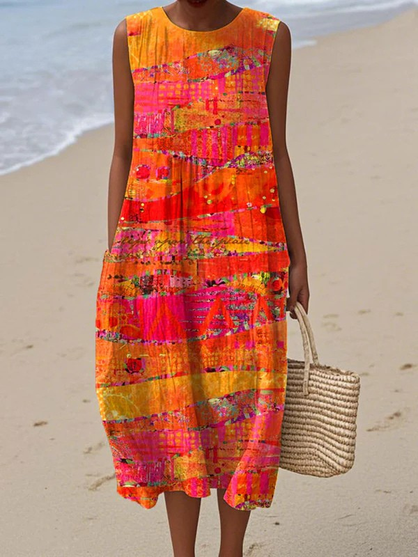 Women's Vintage Abstract Geometry  Art Print Sleeveless Pocket Wrap Dress