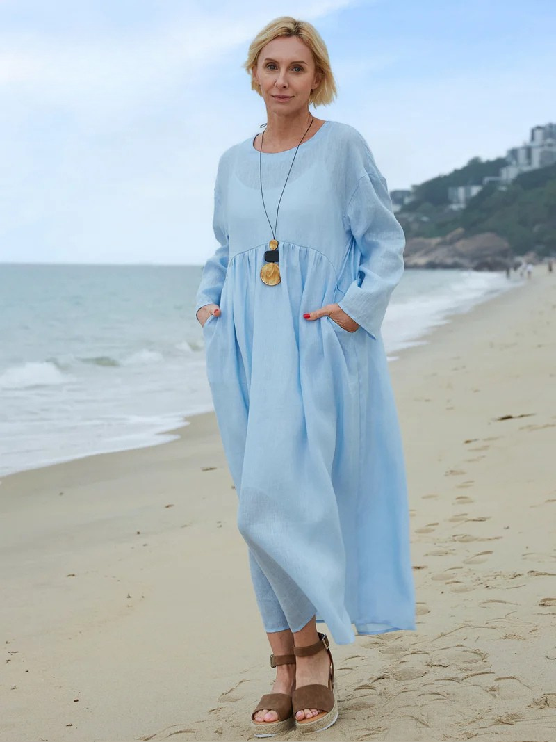 Nora - Linen Crew Neck Pocket Dress